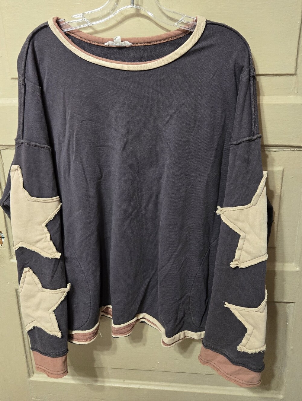 Blue Velvet Star Patch Sleeve Oversized Boho Pullover Top EUC Size: M